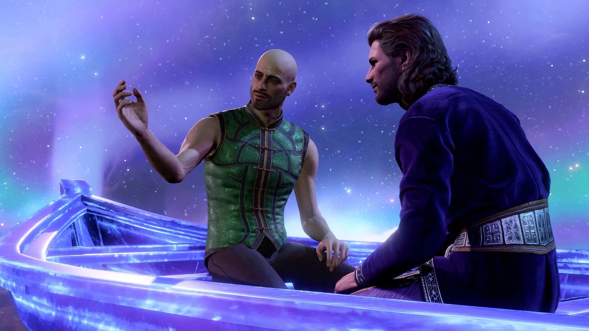 Shep and Gale are sitting on a boat surrounded by purple light.